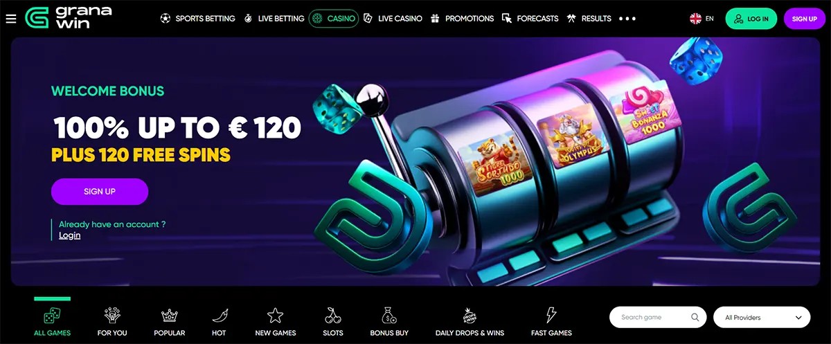 Grana Win casino homepage featuring a welcome bonus of 100% up to €120 plus 120 free spins, a slot-machine hero banner, sign-up and log-in buttons, and a navigation bar with game categories and search filters.