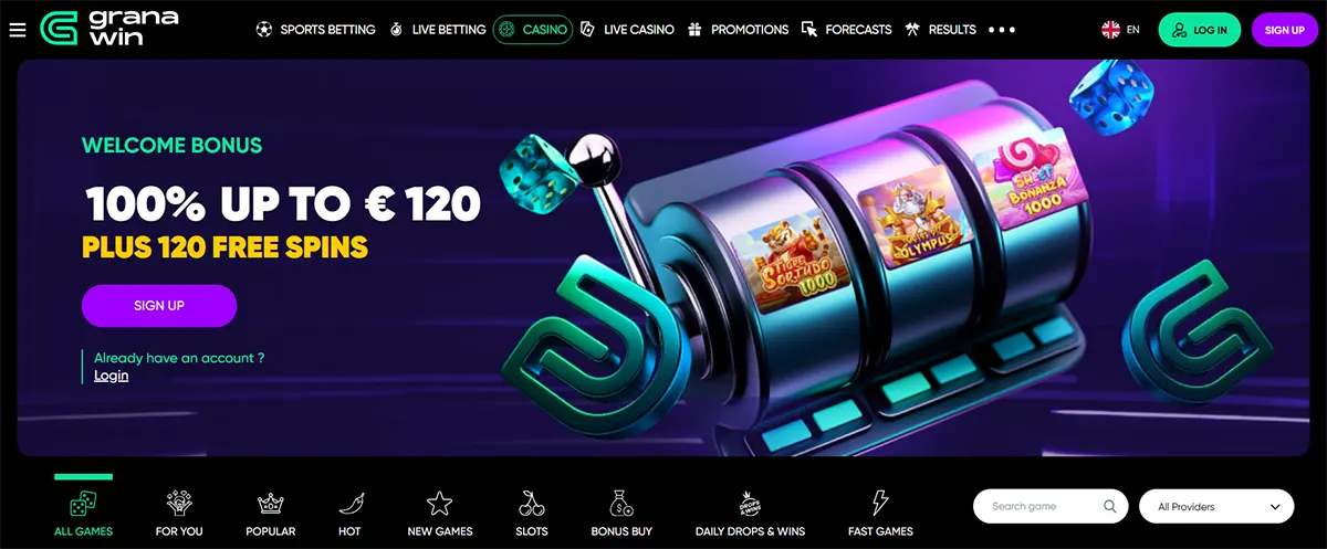 Grana Win casino homepage featuring a welcome bonus of 100% up to €120 plus 120 free spins, a slot-machine hero banner, sign-up and log-in buttons, and a navigation bar with game categories and search filters.