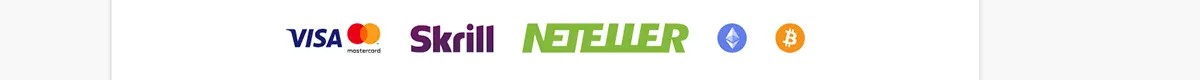 Payment methods banner displaying Visa, Mastercard, Skrill, Neteller, Ethereum, and Bitcoin logos on a light background.