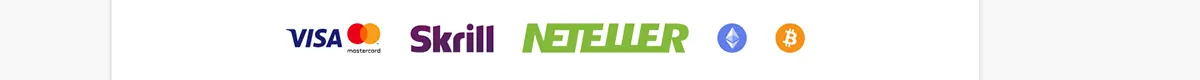 Payment methods banner displaying Visa, Mastercard, Skrill, Neteller, Ethereum, and Bitcoin logos on a light background.