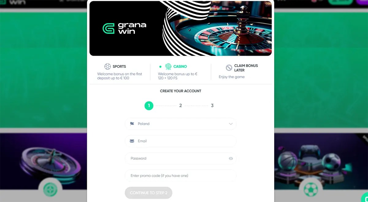 Grana Win registration popup with sports and casino welcome bonus options, a three-step account creation form, and fields for country, email, password, and promo code.
