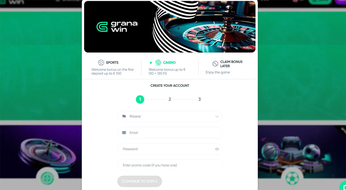 Grana Win registration popup with sports and casino welcome bonus options, a three-step account creation form, and fields for country, email, password, and promo code.